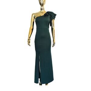 Ruffle Shoulder Forest Green Formal Dress